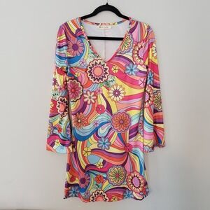 Boho Floral Dress SMALL Festival Hippie 70s Psychedelic Rainbow Flare Sleeve